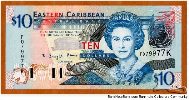 Saint Kitts and Nevis | 
10 Dollars, 2003 | 

Obverse: Portrait of Queen Elisabeth II, ECCB building, Turtle, Green-throated Carib (Eulampis jugularis), and Fishes |
Reverse: Admiralty Bay in Saint Vincent and The Grenadines, Map of the Eastern Caribbean islands, The Warspite sailing ship, Anguilla, Brown Pelican (Pelecanus occidentalis), and Fishes | 
Watermark: Queen Elisabeth II | Banknote