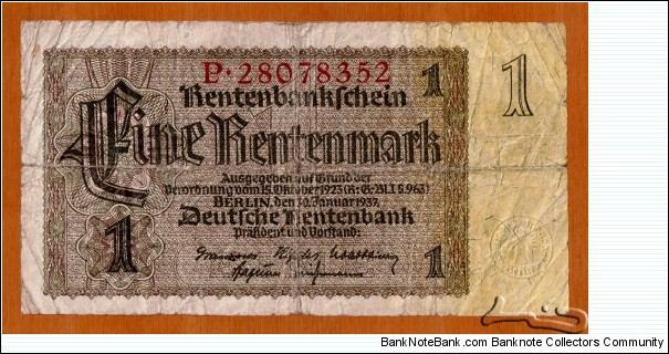 Third Reich | 
1 Rentenmark, 1937 | 

Obverse: Denomination | 
Reverse: Wheat sheaf | Banknote