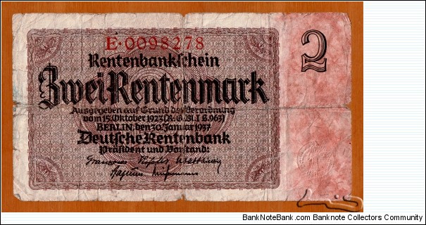 Third Reich | 
2 Rentenmark, 1937 | 

Obverse: Denomination | 
Reverse: Wheat sheaf | Banknote