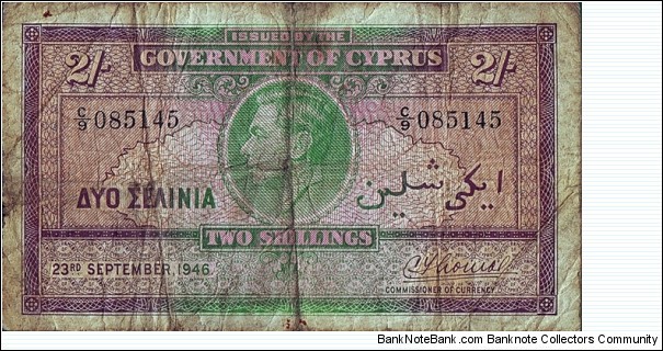 Cyprus 1946 2 Shillings.

18 Piastres = 2 Shillings. Banknote