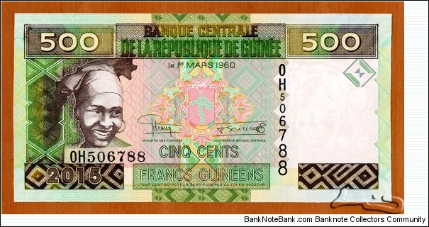 Guinea | 
500 Francs, 2015 | 

Obverse: Portrait of smiling woman, drum, and and Coat of Arms | 

Reverse: Conveyor in a mining facility | 

Watermark: Smiling woman | Banknote