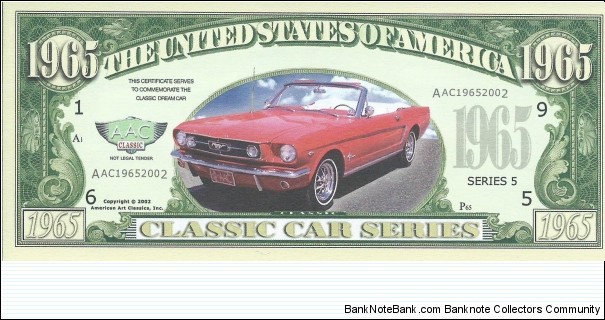 1965 - Classic Car Series - pk# NL - ACC American Art Classics - Not Legal Tender  Banknote