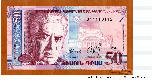 Armenia | 
50 Dram, 1998 | 

Obverse: Great Armenian composer Aram Khachatryan (1903-1978) and Yerevan Opera House | 
Reverse: An episode from 