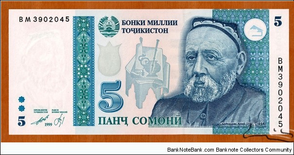 Tajikistan | 
5 Somonī, 2010 | 

Obverse: Portrait of Sadriddin Aynī (1878-1954) with writing table, ink tray and paper | 
Reverse: Tomb of Abūabdullohi Rūdakī , and National flag of Tajikistan | 
Watemark: Sadriddin Aynī | Banknote