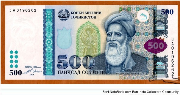 Tajikistan | 
500 Somonī, 2010 | 

Obverse: Portrait of Abūabdullohi Rūdakī (858-941), was a Persian poet regarded as the first great literary genius of the Modern Persian language | 
Reverse: Palace of Nations in Dushanbe with the Presidential standard of Tajikistan, and National flag of Tajikistan | 
Watermark: Abūabdullohi Rūdakī | Banknote