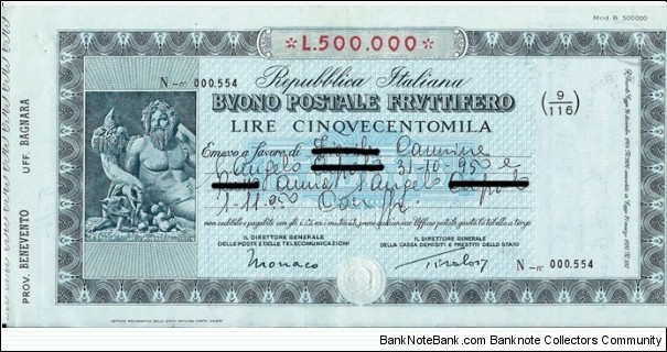 500.000 Lire - Buono Fruttifero Postale - Prov.Benevento - Uff.Bagnara - pk NL Banknote
