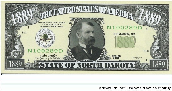 1889 - State Of North Dakota - The U.S Civil War - pk# NL - ACC American Art Classics - Not Legal Tender Banknote