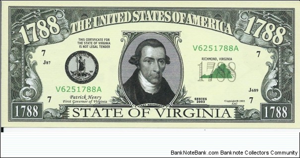 1788 - State Of Virginia - pk# NL - ACC American Art Classics - Not Legal Tender  Banknote