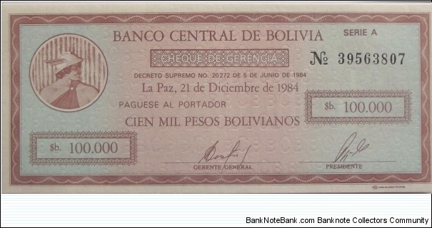 Cheque 100.000 Bolivianos Banknote