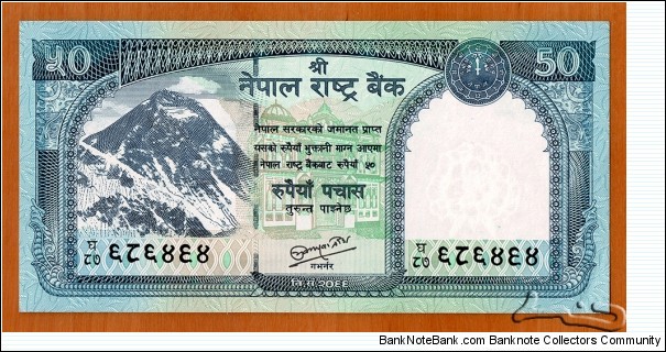 Nepal | 
50 Rupees, 2012 | 

Obverse: Mount Everest, Rama-Janaki temple of Janakpur, and Old coin | 
Reverse: Mountain Goat, and Bank logo | 
Window: Lali Gurans (Rhododendron arboreum), the national flower of Nepal | Banknote