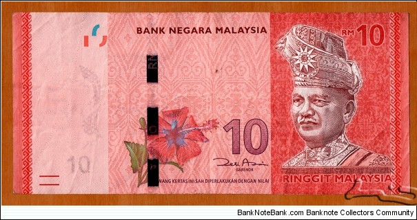 Malaysia | 
10 Ringgit, 2011 | 

Obverse: Portrait of Tuanku Abdul Rahman Ibni Al-Marhum Tuanku Muhammad (1895-1960), the first Supreme Head of State of the Federation of Malaya, Design patterns from songket weaving (featured to reflect the traditional Malaysian textile handicraft and embroidery), and Five-petaled Bunga raya (Hibiscus Rosa-Sinensis) - the national flower of Malaysia | 

Reverse: Logo emblem of the Central Bank of Malaysia depicting Kijang Emas (Malaysia Barking Deer - Muntiacus muntjak), Rafflesia (Raffesia azlanii) - the world's largest flower | 

Watermark: Tuanku Abdul Rahman, and Electrotype '10' | Banknote