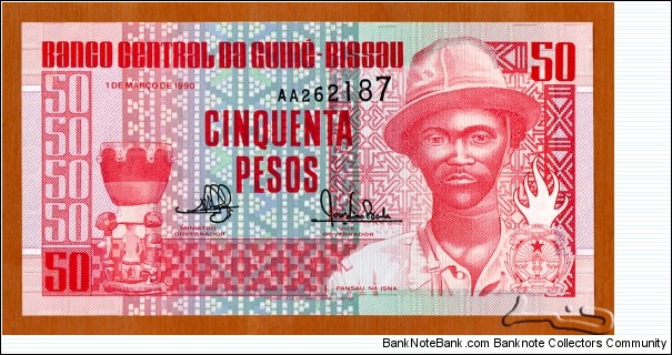 Guinea-Bissau | 
50 Pesos, 1990 | 

Obverse: Pansau Na Isna | 
Reverse: Villagers | 
Watermark: BCG | Banknote