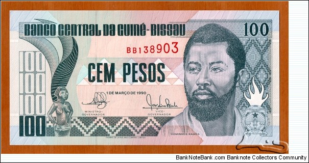 Guinea-Bissau | 
100 Pesos, 1990 | 

Obverse: Domingos Ramos | 
Reverse: Central Bank building in Bissau | 
Watermark: BCG | Banknote