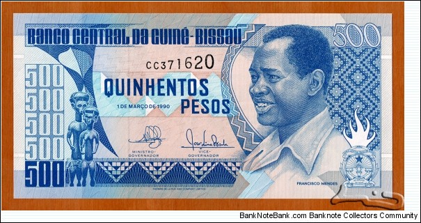 Guinea-Bissau | 
500 Pesos, 1990 | 

Obverse: Country's first Prime Minister Francisco Mendes (Chico Té) (1939-1978), and Wood carved statuettes | 
Reverse: Slave trade scene with sailing ships | 
Watermark: BCG | Banknote