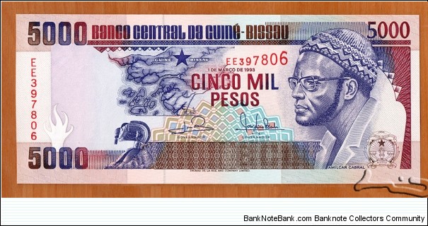 Guinea-Bissau | 
5,000 Pesos, 1993 | 

Obverse: President Luís Cabral's half brother Amílcar Lopes Cabral (