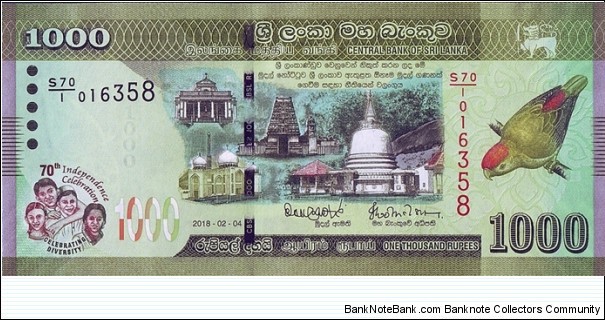 Sri Lanka 2018 1,000 Rupees.

70 Years of Independence. Banknote