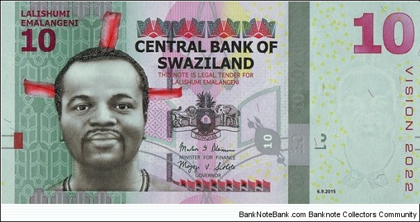 Swaziland 2015 10 Emalangeni.

Vision 2022. Banknote