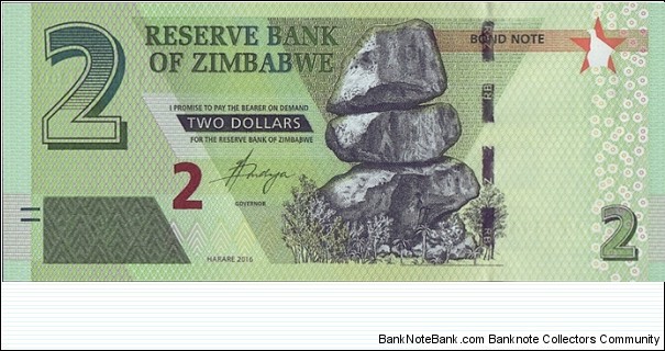 Zimbabwe 2016 2 Dollars.

Bond Note. Banknote