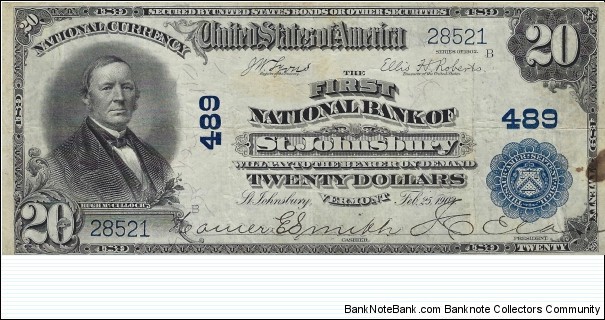 USA 20 Dollars
(National Currency)
(The First National Bank of St. Johnsbury) Banknote