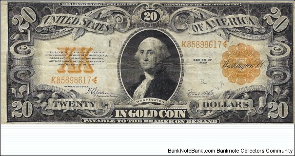 USA 20 Dollars
1922 
Gold Certificate Banknote