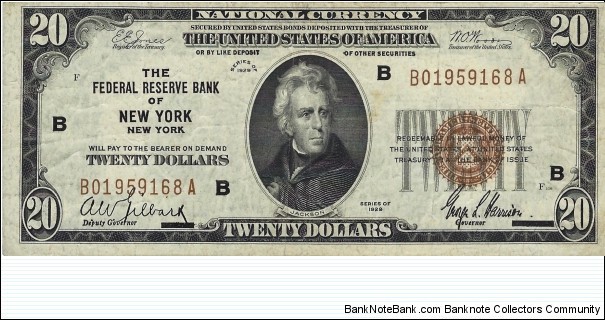 USA 20 Dollars
1929
National Currency Banknote