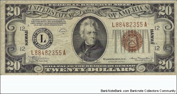USA 20 Dollars
1934A
Federal Reserve Note
Hawaii Banknote