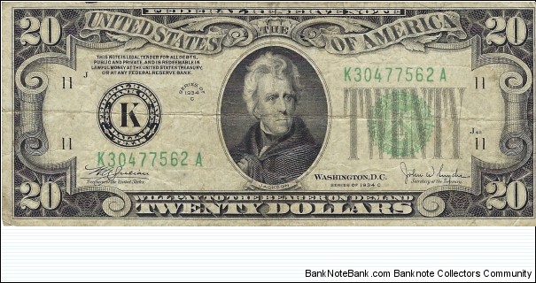 USA 20 Dollars
1934C
Federal Reserve Note Banknote