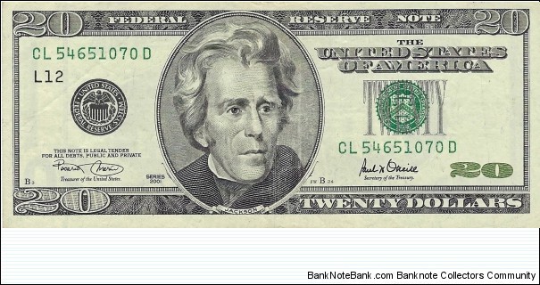 USA 20 Dollars
2001
Federal Reserve Note Banknote