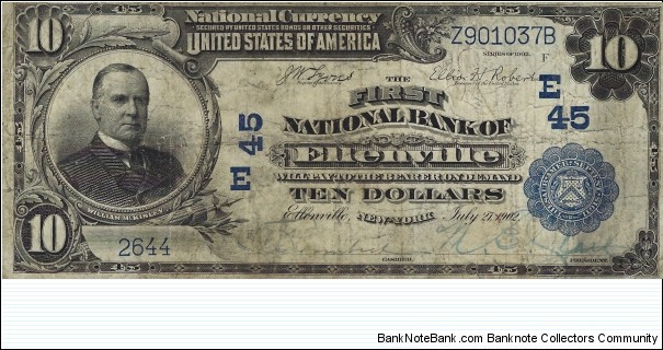 USA 10 Dollars
1902
National Currency
(The First National Bank of Ellenville) Banknote