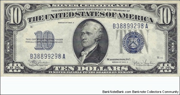 USA 10 Dollars
1934C
Silver Certificate Banknote