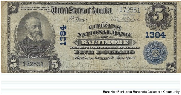 USA 5 Dollars
1902
National Currency
(The Citizen's National Bank of Baltimore) Banknote