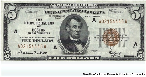 USA 5 Dollars
1929
National Currency Banknote