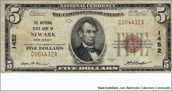 USA 5 Dollars
(National Currency)
(The National State Bank of Newark) Banknote