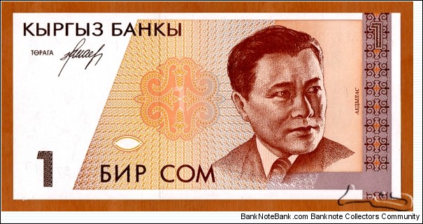 Kyrgyzstan | 
1 Som, 1994 | 

Obverse: Abdılas Maldıbayev (1906-1978), Kyrgyz composer, actor, and operatic tenor singer | 
Reverse: Kyrgyz nationalmusical instruments; Omuz and Qıl qıaq against the building of the Kyrgyz State Philharmonic Hall in Bishkek | 
Watermark: Toqtoğul Satılğan uulu | Banknote