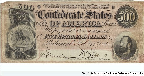 CONFEDERATE STATES 500 Dollars
1864
 Banknote