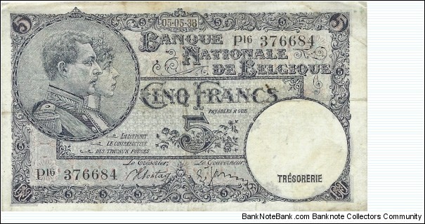 BELGIUM 5 Francs
1938 Banknote