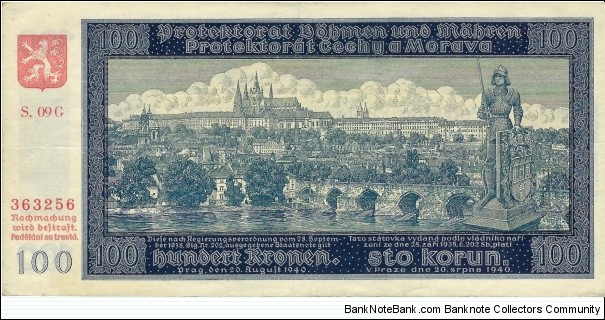 BOHEMIA-MOROVIA 100 Kronen
1940 Banknote