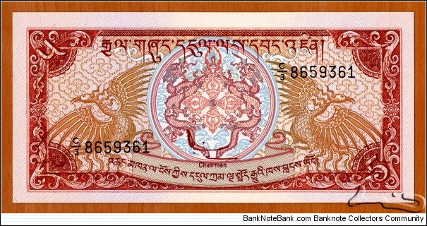 Bhutan | 
5 Ngultrum, 1990 | 

Obverse: Mythological birds, Dharma wheel and Royal emblem | 
Reverse: Rinpung Dzong (Paro Dzong) Monastery | Banknote