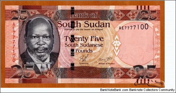 South Sudan | 
25 Pounds, 2011 | 

Obverse: Portrait of Dr. John Garang de Mabior (1945-2005), was a Sudanese politician and revolutionary leader, and Dinka warrior spear | 
Reverse: Oryx antelopes, and Oil derrick | 
Watermark: Dr. John Garang de Mabior, Electrotype '25' and Cornerstones | Banknote