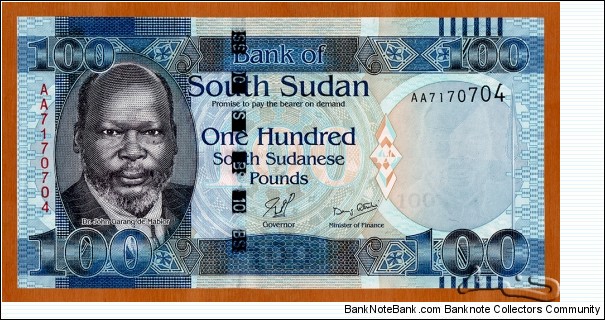 South Sudan | 
100 Pounds, 2011 | 

Obverse: Portrait of Dr. John Garang de Mabior (1945-2005), was a Sudanese politician and revolutionary leader, and Dinka warrior spear | 
Reverse: Lion, and Waterfall | 
Watermark: Dr. John Garang de Mabior, Electrotype '100' and Cornerstones | Banknote