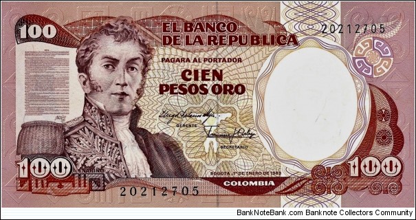 COLOMBIA 100 Pesos Oro
1983 Banknote