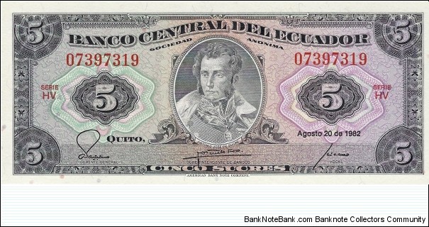 ECUADOR 5 Sucres
 Banknote