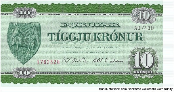 FAROE ISLANDS 10 Kronur
1974 Banknote