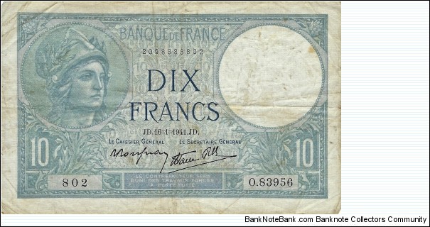 FRANCE 10 Francs
1941 Banknote