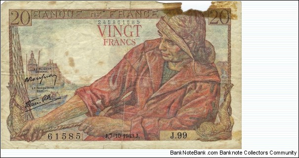 FRANCE 20 Francs
1943 Banknote