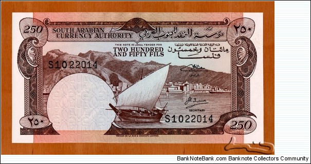 South Arabia | 
250 Fils, 1965 | 

Obverse: Dhow boat with Port of Aden in background | 
Reverse: Date Palm tree | 
Watermark: Date Palm tree | Banknote