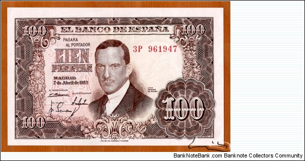 Spain | 
100 Pesetas, 1953 | 

Obverse: Portrait of Julio Romero de Torres (1874-1930), a Spanish painter, National Coat of Arms (1945-1977), and Designs with fruits | 
Reverse: 