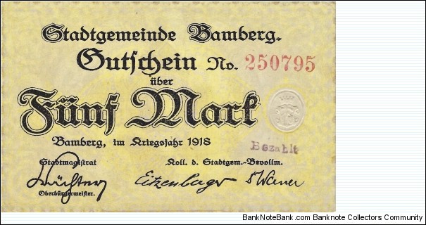 BAMBERG 5 Mark
1918
Notgeld Banknote