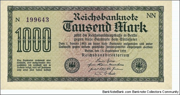 GERMANY
1000 Mark
1922 Banknote