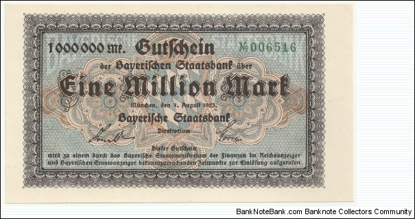 Germany-Bayerische Staatsbank 1 Million Mark 1923 Banknote